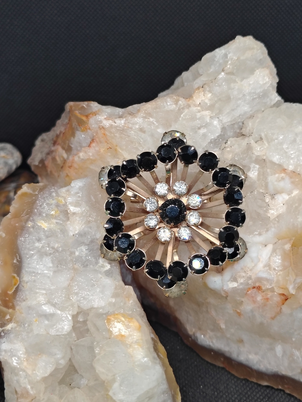Vintage Sunburst Black and Gold Rhinestone Brooch - Unbranded